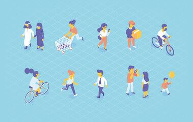 Fototapeta premium Isometric Male and female characters of different nationalities. Outdoor activity. Flat isometric vector.