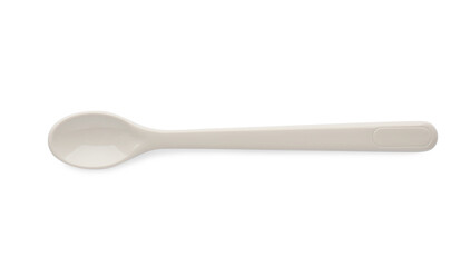 Plastic spoon isolated on white, top view. Serving baby food