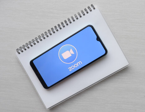 Smartphone screen zoom app on desk floor, top view, February 8, 2022, Chiang Mai, Thailand.
