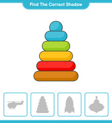 Find the correct shadow. Find and match the correct shadow of Pyramid Toy. Educational children game, printable worksheet, vector illustration