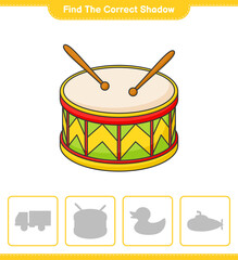 Find the correct shadow. Find and match the correct shadow of Drum. Educational children game, printable worksheet, vector illustration