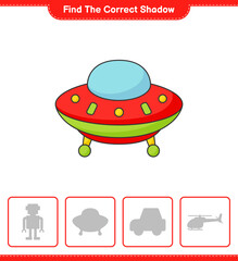 Find the correct shadow. Find and match the correct shadow of Ufo. Educational children game, printable worksheet, vector illustration