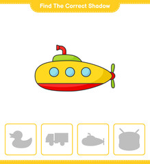 Find the correct shadow. Find and match the correct shadow of Submarine. Educational children game, printable worksheet, vector illustration