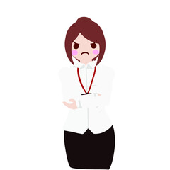 案内】社員証をつけたシャツを着た受付女性が腕組み②【きっと研修】