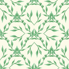 Green leaves and branches. Geometric ornament. Seamless watercolor  pattern. Watercolor illustration