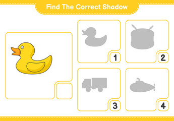 Find the correct shadow. Find and match the correct shadow of Rubber Duck. Educational children game, printable worksheet, vector illustration