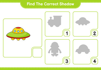 Find the correct shadow. Find and match the correct shadow of Ufo. Educational children game, printable worksheet, vector illustration