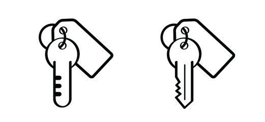 Home, work or car keys. Supporting, Cartoon, comic valet key icon or logo for parking. Line pattern. Car rental or sale concep or new home. Real estate key and empty label.