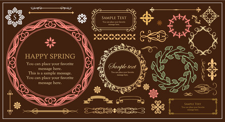 春の植物モチーフのフレームセット。ビンテージフラワー。装飾デザイン。流行りのあしらい