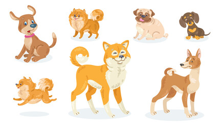 Collection of seven funny dogs of different breeds, poses and emotions. In cartoon style. Isolated on white background. Vector flat illustration.