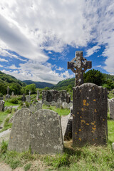 Glendalough, around Wicklow Mountains, lakes and woodlands, Celtic cementery, Ireland, Ruins of celtic crosses and graves,  Glendalough lakes, Ireland