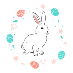 White Bunny and Easter Egg small flowers, leaves around this. Vector illustration. Contour simple character.