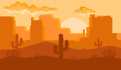 vector graphic illustration of pixel art desert atmosphere in the afternoon when the sun is going down and there is a shadow of a cactus tree