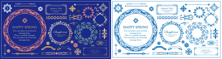 春の植物モチーフのフレームセット。ビンテージフラワー。装飾デザイン。流行りのあしらい