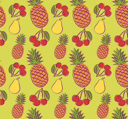 seamless pattern with berries and fruit, pear, cherry, pineapple. Vector illustration