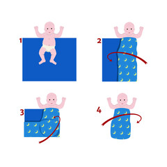 step by step instructions for swaddling wide swaddling. Baby care. Vector illustration