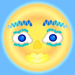Surrealism. Sun with a face on a blue background. Emoji.