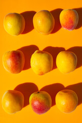 Orange apricots pattern on orange background. Healthy fruits. Minimal food pattern. Modern flat lay with hard light and shadow. Orange aesthetic. Ripe apricot fruit. Spring, summer food background.
