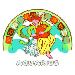 Aquarius horoscope. Colorful illustration of a young guy on the background of a semicircle with zodiac symbols. Quarterly calendar design