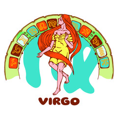 Virgo horoscope. Colorful illustration of a girl on the background of a semicircle with zodiac symbols. Quarterly calendar design