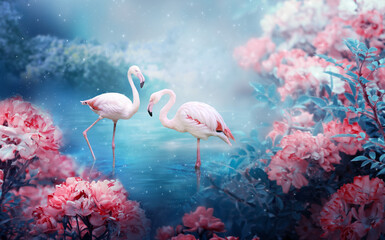 Two flamingos couple standing in lake, fantasy magical enchanted fairy tale landscape with pair of elegant birds, fairytale blooming pink rose flower garden on mysterious blue background in night. - obrazy, fototapety, plakaty