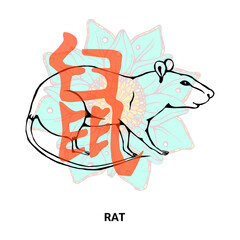 Year of the rat. Eastern horoscope on a blue lotus background. Calendar design. Happy birthday greetings, postcard. Linear drawing of mythical animals. Vector illustration.