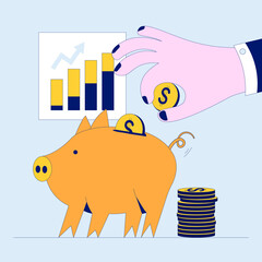 The hand puts the coins into piggy bank. Finance Budget Economy Concept. Vector illustration for web banner, social media.