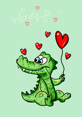 an adorable crocodile is holding a red heart-shaped balloon. he is smiling and sending love to everyone.  there are several red hearts on a pale green background 