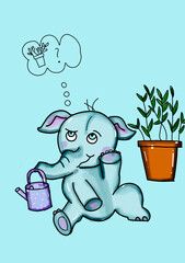 a cute elephant holding a watering can in his trunk.There is a flower pot behind him . He's  thinking about nature. The background in this picture is pale blue