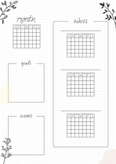 Printable A4 paper sheet, bullet journal page with hand drawn flowers and month planner blank and to fill fulfilled habits. Cute planner for habit tracker, daily planner template, blank for notebook.