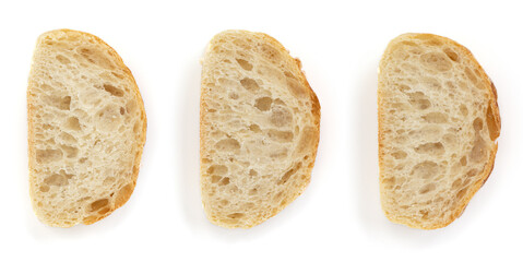 crusty baguette isolated on white background, top view