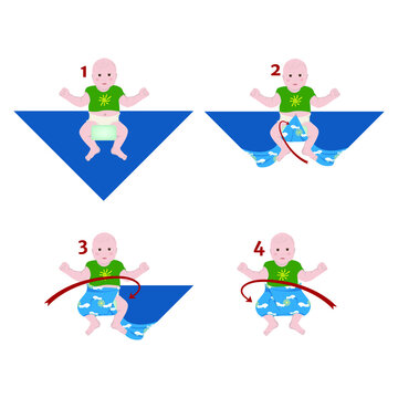 Scheme of tight swaddling of a hyperactive newborn with stages. Blue diaper with daisies. Vector illustration