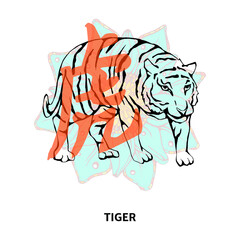Chinese horoscope. Zodiac of the tiger. Blue lotus and hieroglyph. Postcard and calendar decoration, decoration for New Year and Christmas