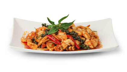 Stir fried holy basil with octopus or squid and herb - Asian food style, Spicy seafood stir fried with Thai herb.