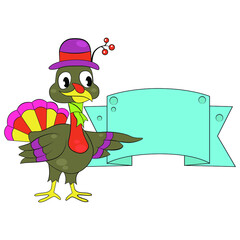 A template for a Thanksgiving card. Turkey in a hat pointing a wing at a banner .Vector illustration