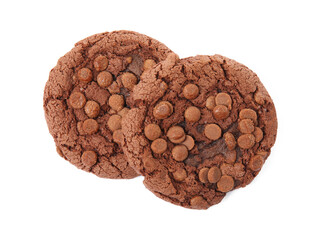 Delicious chocolate chip cookies on white background, top view