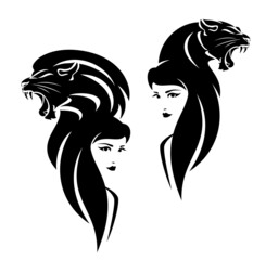 beautiful woman with long hair and roaring wild african lion and lioness head - black and white vector portrait of girl and big cat - obrazy, fototapety, plakaty