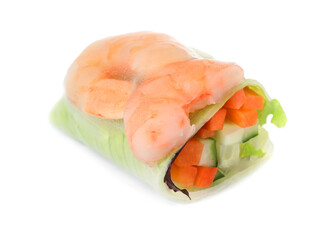Cut spring roll with shrimps wrapped in rice paper isolated on white