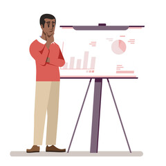 Startup development semi flat RGB color vector illustration. Young man thinking about business plan isolated cartoon character on white background