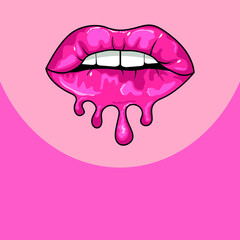 lips of a girl with lipstick smudges. 
dripping cosmetics. Vector illustration.