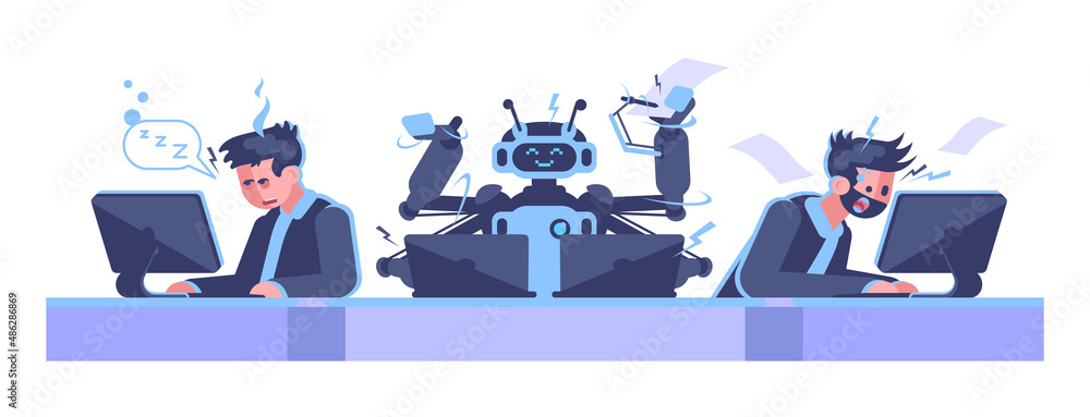 Poster robots more productive than human workers semi flat rgb color vector illustration. working environme