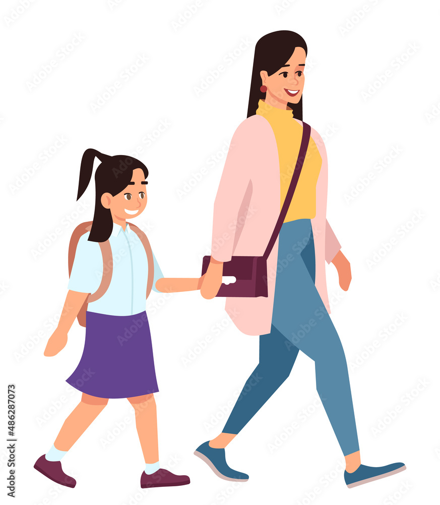 Poster accompany kid to school semi flat rgb color vector illustration. smiling mother and preteen daughter