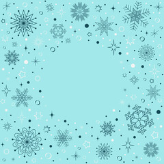 round frame pattern of dark snowflakes on a blue background