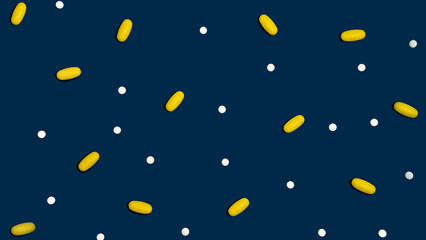 Blue background with many drugs in capsules and tablets of different colors scattered on the surface