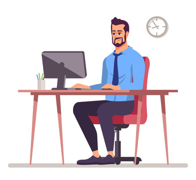 Office work semi flat RGB color vector illustration. Ergonomic workstation for employee isolated cartoon character on white background