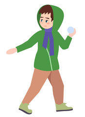 Fun activity semi flat RGB color vector illustration. Boy wearing winter clothing holding snowball in hand isolated cartoon character on white background