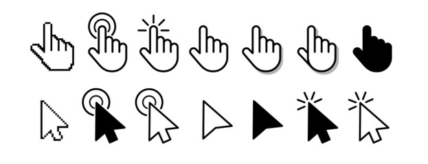 Computer Mouse click cursor. Mouse pointers set. Black vector icons of arrows and hands. White pointers with black outline. Vector clipart.	
