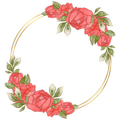 Geometric golden frame with peonies flowers illustration.