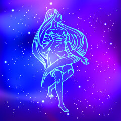 constellation virgo. Girl in antique clothes. Minimalistic pattern with glowing lines. Vector illustration