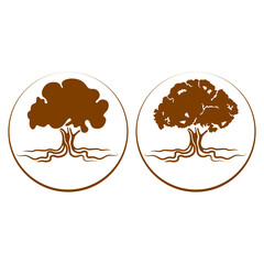 Emblems with the image of an oak and a crown. Flat vector illustration.